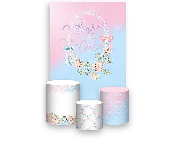 Painel De Festa Vertical 1,50 x 2,20 + Trio De Capas Cilindro - Boy Or Girl Azul e Rosa com Flores 038