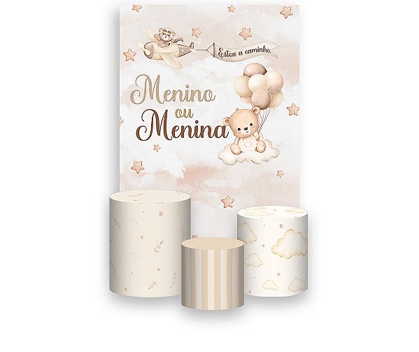 Painel De Festa Vertical 1,50 x 2,20 + Trio De Capas Cilindro - Ursinho Bege Revelação Menino ou Menina 040