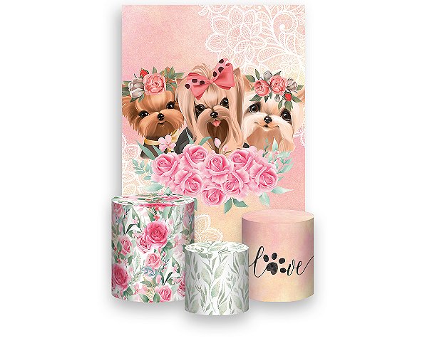 Painel De Festa Vertical 1,50 x 2,20 + Trio De Capas Cilindro - Pet Cachorrinhas Aquarela 001