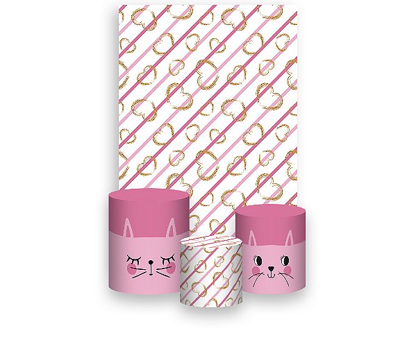 Painel De Festa Vertical 1,50 x 2,20 + Trio De Capas Cilindro - Corações Rosa Gatinha 002
