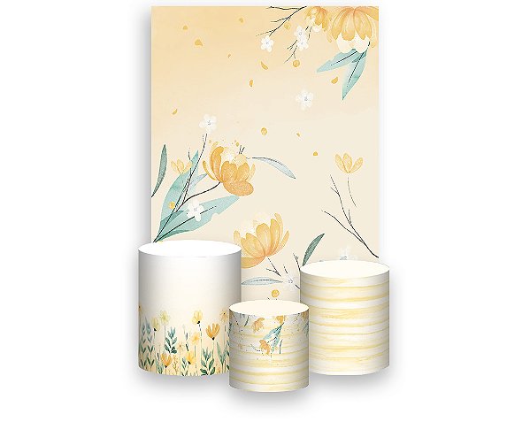 Painel De Festa Vertical 1,50 x 2,20 + Trio De Capas Cilindro - Campo de Flores Amarelas 032