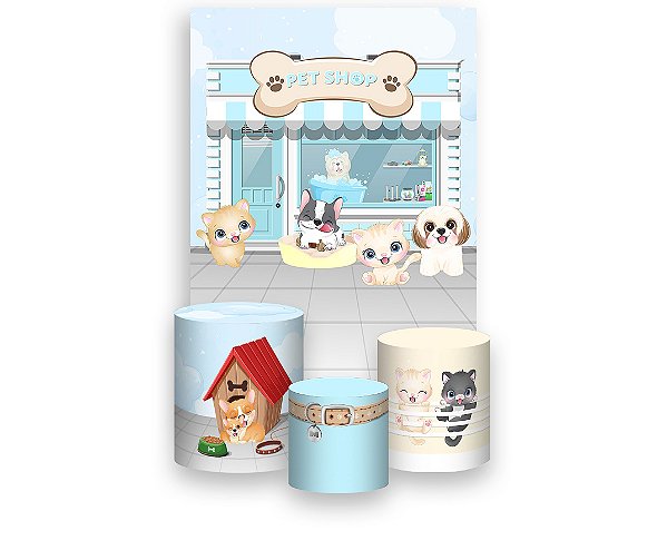Painel De Festa Vertical 1,50 x 2,20 + Trio De Capas Cilindro - Cachorrinhos Pet Shop Azul 005