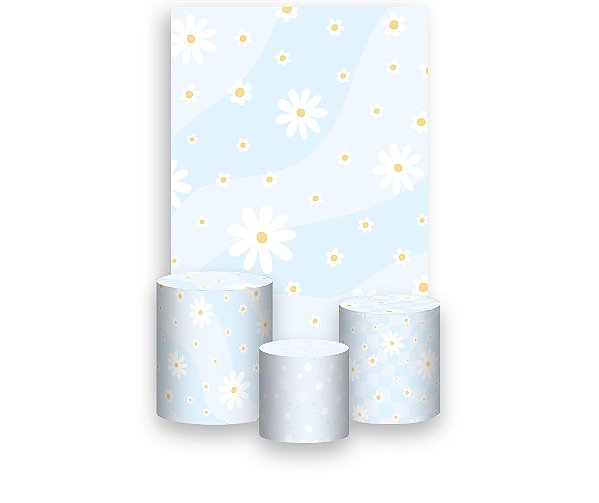 Painel De Festa Vertical 1,50 x 2,20 + Trio De Capas Cilindro - Margaridas Fundo Azul Suave 041