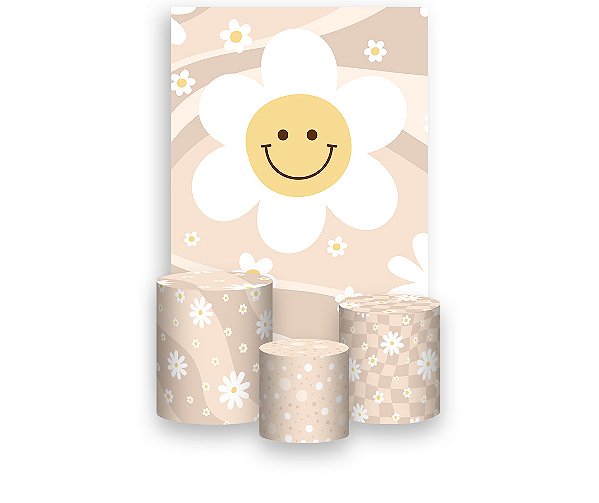 Painel De Festa Vertical 1,50 x 2,20 + Trio De Capas Cilindro - Flor Sorridente Fundo Bege 044