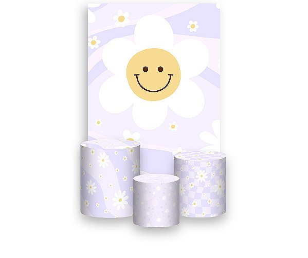 Painel De Festa Vertical 1,50 x 2,20 + Trio De Capas Cilindro - Flor Sorridente Fundo Lilás Suave 046