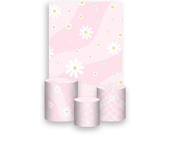 Painel De Festa Vertical 1,50 x 2,20 + Trio De Capas Cilindro - Margaridas Fundo Rosa Suave 047
