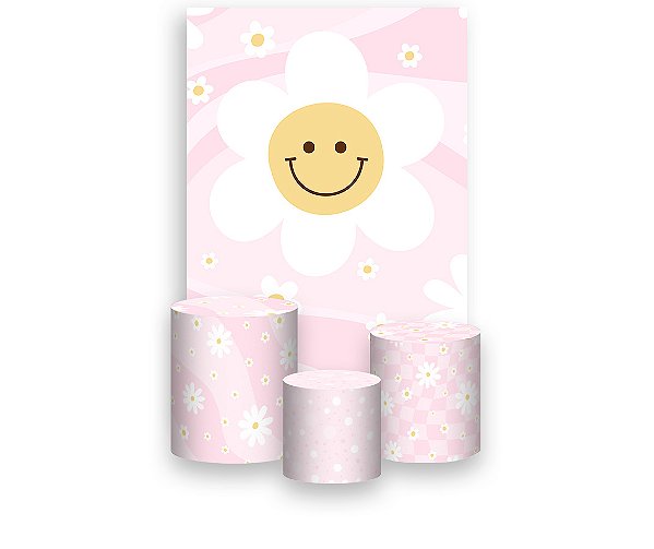 Painel De Festa Vertical 1,50 x 2,20 + Trio De Capas Cilindro - Flor Sorridente Fundo Rosa Suave 048