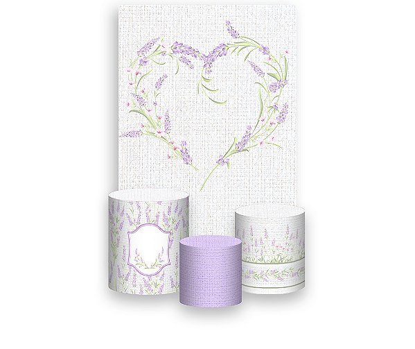 Painel De Festa Vertical 1,50 x 2,20 + Trio De Capas Cilindro - Coração de Lavanda Aquarela 054