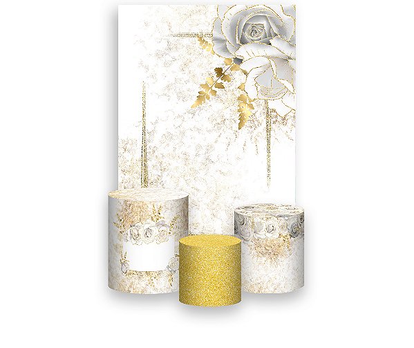 Painel De Festa Vertical 1,50 x 2,20 + Trio De Capas Cilindro - Flores Brancas com Dourado 055