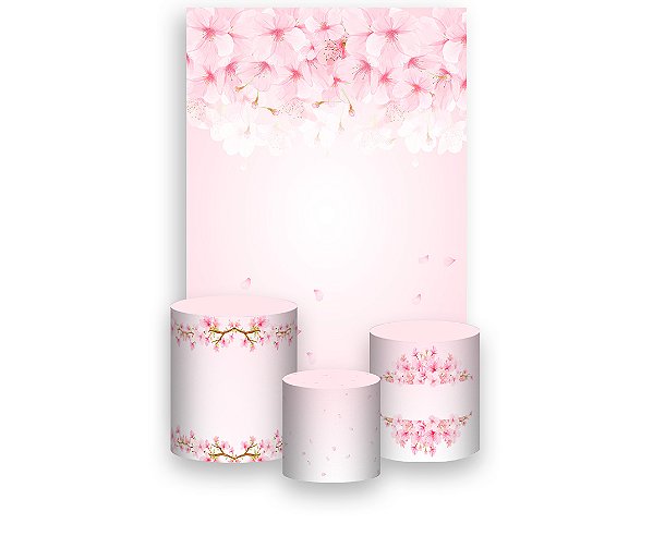 Painel De Festa Vertical 1,50 x 2,20 + Trio De Capas Cilindro - Flor de Cerejeira Suave 057