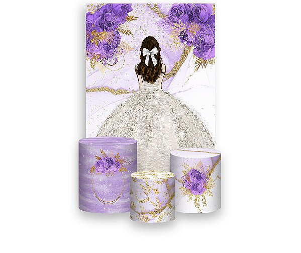 Painel De Festa Vertical 1,50 x 2,20 + Trio De Capas Cilindro - Princesa Vestido Branco com Flores Lilás 061