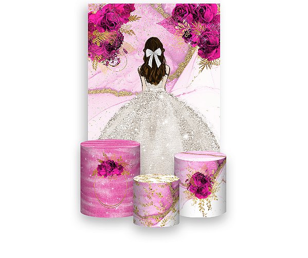Painel De Festa Vertical 1,50 x 2,20 + Trio De Capas Cilindro - Princesa Vestido Branco com Flores Pink 063