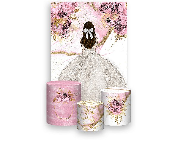 Painel De Festa Vertical 1,50 x 2,20 + Trio De Capas Cilindro - Princesa Vestido Branco com Flores Rosa 065