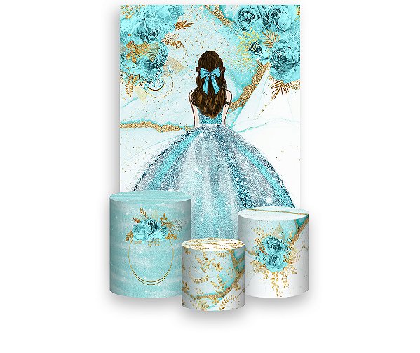 Painel De Festa Vertical 1,50 x 2,20 + Trio De Capas Cilindro - Princesa Vestido e Flores Esverdeado 068