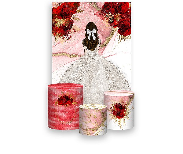 Painel De Festa Vertical 1,50 x 2,20 + Trio De Capas Cilindro - Princesa Vestido Branco com Flores Vermelhas 069