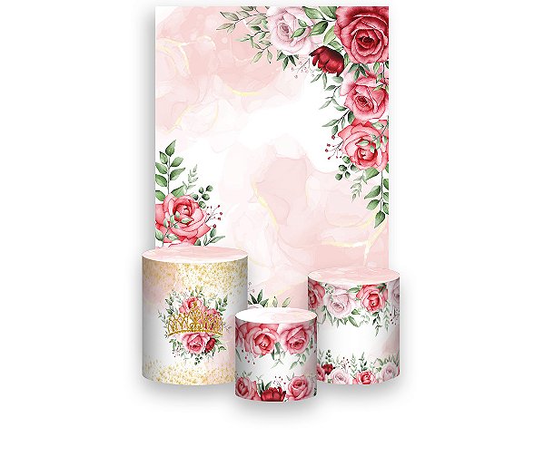 Painel De Festa Vertical 1,50 x 2,20 + Trio De Capas Cilindro - 15 Anos Flores Vermelhas 071