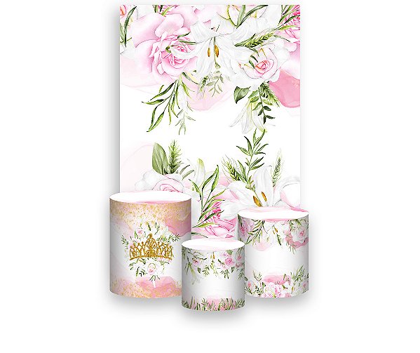 Painel De Festa Vertical 1,50 x 2,20 + Trio De Capas Cilindro - 15 Anos Flores Rosas 072