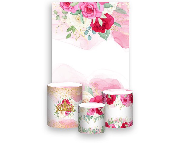 Painel De Festa Vertical 1,50 x 2,20 + Trio De Capas Cilindro - 15 Anos Flores Pink 073