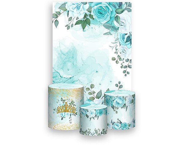Painel De Festa Vertical 1,50 x 2,20 + Trio De Capas Cilindro - 15 Anos Flores Azul Esverdeado 074