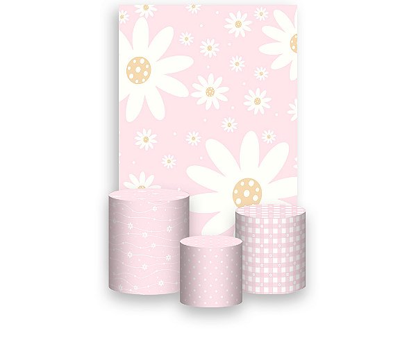 Painel De Festa Vertical 1,50 x 2,20 + Trio De Capas Cilindro - Margaridas Delicadas Rosa Pastel 084