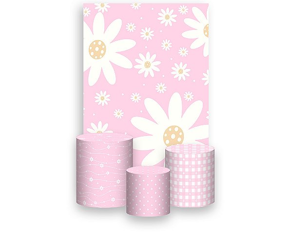 Painel De Festa Vertical 1,50 x 2,20 + Trio De Capas Cilindro - Margaridas Delicadas Rosa 085