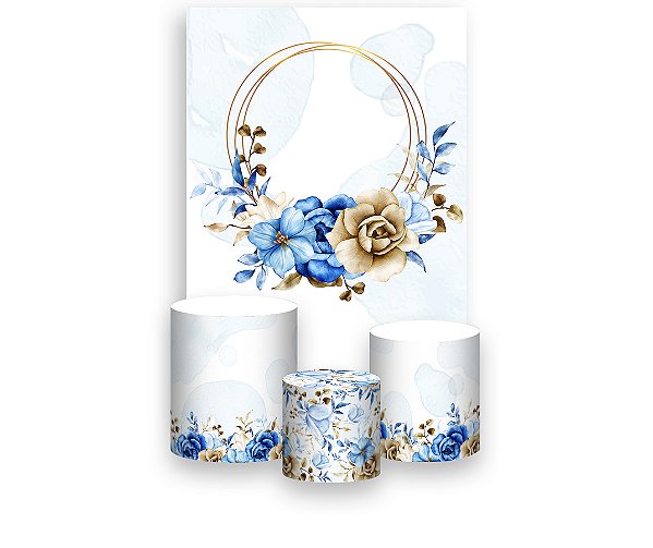 Painel De Festa Vertical 1,50 x 2,20 + Trio De Capas Cilindro - Floral Azul com Dourado 095