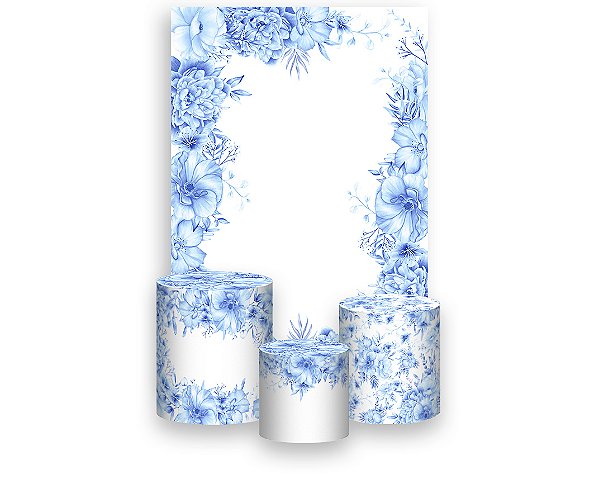 Painel De Festa Vertical 1,50 x 2,20 + Trio De Capas Cilindro - Bride To Be Floral Azul 096