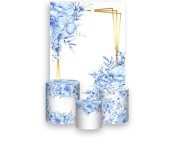 Painel De Festa Vertical 1,50 x 2,20 + Trio De Capas Cilindro - Floral Azul Frame Dourado 097