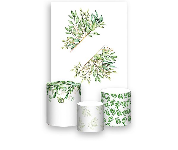 Painel De Festa Vertical 1,50 x 2,20 + Trio De Capas Cilindro - Belas Folhagens Verdes 098