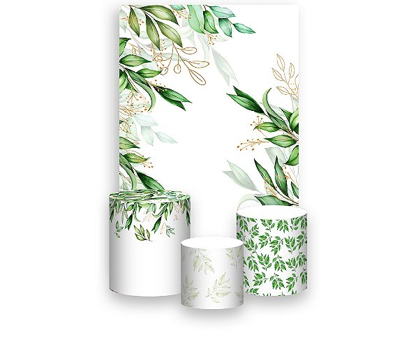 Painel De Festa Vertical 1,50 x 2,20 + Trio De Capas Cilindro - Folhagens Verdes 099