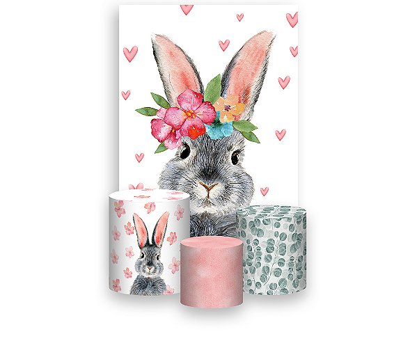 Painel De Festa Vertical 1,50 x 2,20 + Trio De Capas Cilindro - Coelhinho da Páscoa Flores 001