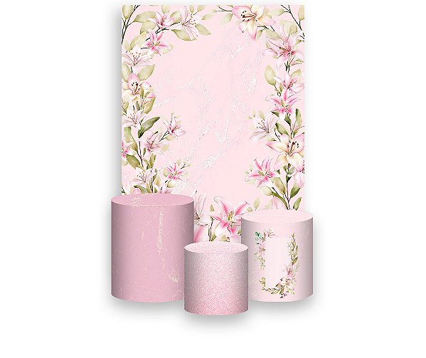 Painel De Festa Vertical 1,50 x 2,20 + Trio De Capas Cilindro - Flor Lírios Rosas 104