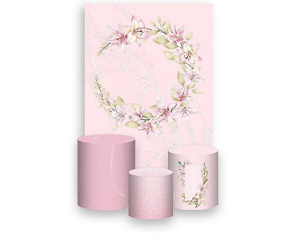 Painel De Festa Vertical 1,50 x 2,20 + Trio De Capas Cilindro - Frame Flor Lírio Rosa 105