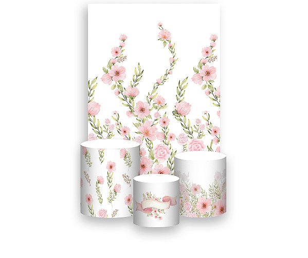 Painel De Festa Vertical 1,50 x 2,20 + Trio De Capas Cilindro - Flores Rosas Suave 106