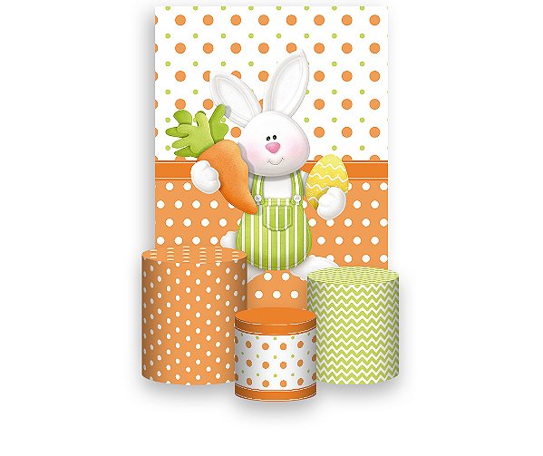 Painel De Festa Vertical 1,50 x 2,20 + Trio De Capas Cilindro - Coelho da Páscoa Verde e Laranja 010