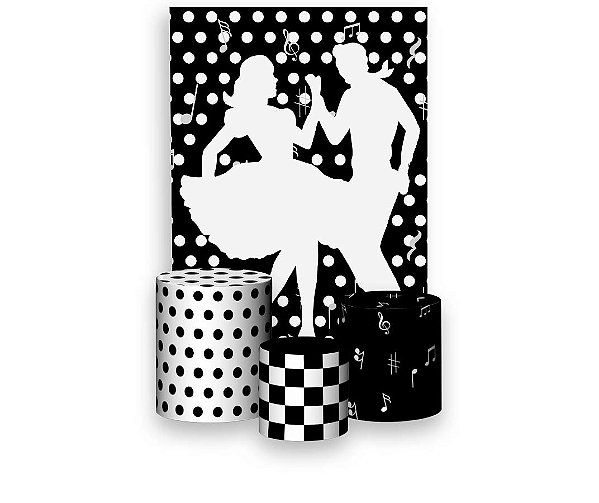 Painel De Festa Vertical 1,50 x 2,20 + Trio De Capas Cilindro - Anos 60 Dança Preto e Branco 003