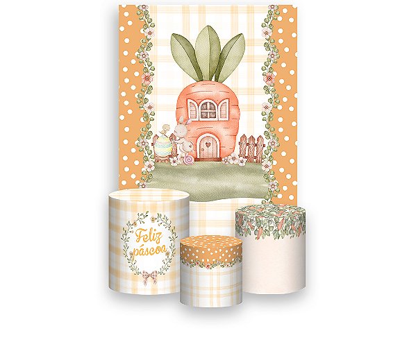 Painel De Festa Vertical 1,50 x 2,20 + Trio De Capas Cilindro - Coelhinho Da Páscoa Laranja 016