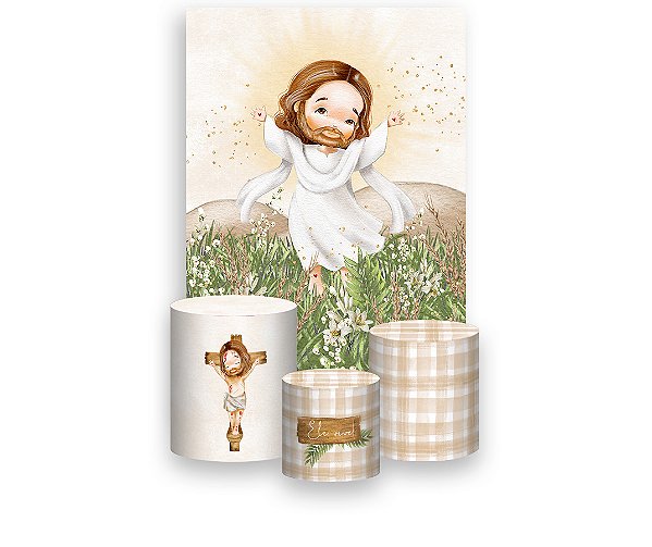 Painel De Festa Vertical 1,50 x 2,20 + Trio De Capas Cilindro - Páscoa Jesus Cristo ele Vive 027