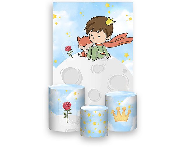 Painel De Festa Vertical 1,50 x 2,20 + Trio De Capas Cilindro - Pequeno Príncipe Rosa Vermelha 007