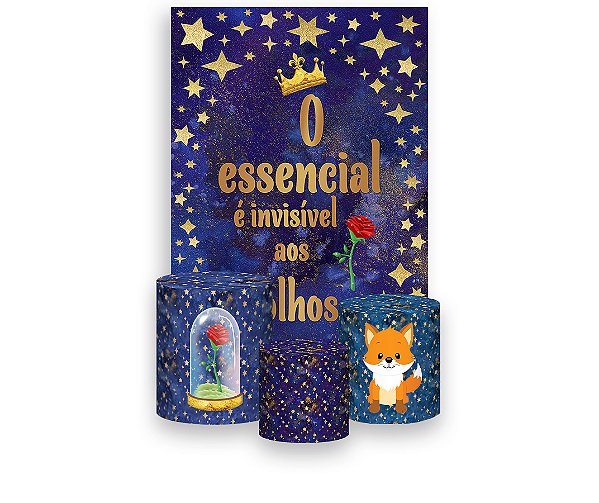 Painel De Festa Vertical 1,50 x 2,20 + Trio De Capas Cilindro - Pequeno Príncipe Azul Com Dourado 010