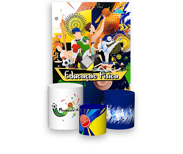 Painel De Festa Vertical 1,50 x 2,20 + Trio De Capas Cilindro - Profissão Educação Física Esportistas 012