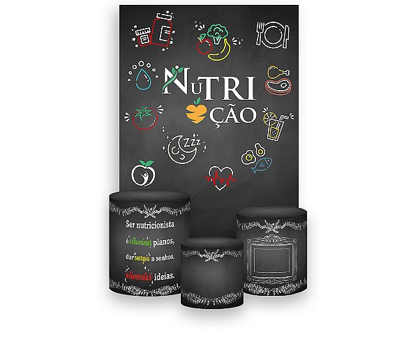 Painel De Festa Vertical 1,50 x 2,20 + Trio De Capas Cilindro - Profissão Nutrição Chalkboard 029