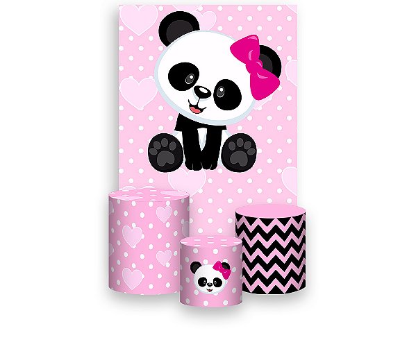 Painel De Festa Vertical 1,50 x 2,20 + Trio De Capas Cilindro - Panda Baby Rosa Menina 002