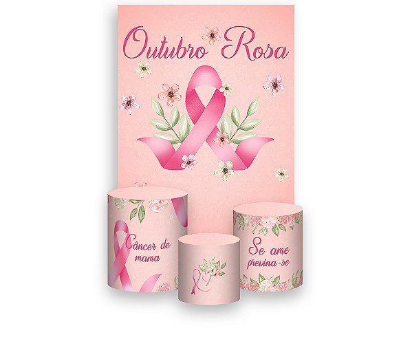 Painel De Festa Vertical 1,50 x 2,20 + Trio De Capas Cilindro - Outubro Rosa Flores Aquarela 016