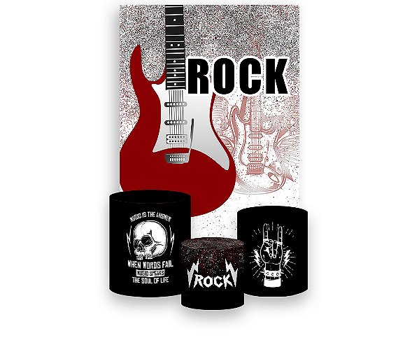 Painel De Festa Vertical 1,50 x 2,20 + Trio De Capas Cilindro - Rock and Roll Guitarra 021