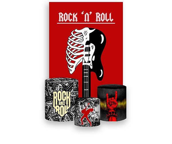 Painel De Festa Vertical 1,50 x 2,20 + Trio De Capas Cilindro - Guitarra Rock and Roll 022