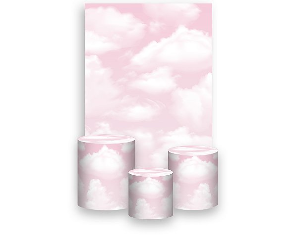 Painel De Festa Vertical 1,50 x 2,20 + Trio De Capas Cilindro - Céu de Nuvens Realistas Rosa 005