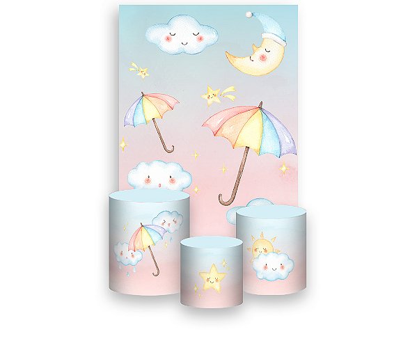 Painel De Festa Vertical 1,50 x 2,20 + Trio De Capas Cilindro - Chuva de Amor Cute Rosa 007