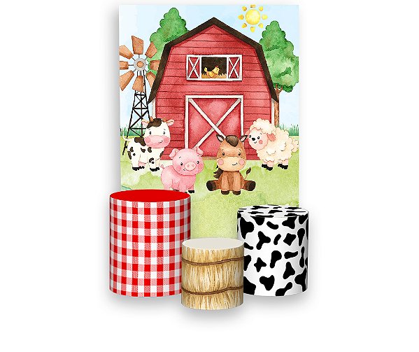 Painel De Festa Vertical 1,50 x 2,20 + Trio De Capas Cilindro - Fazendinha Celeiro Vermelho 004