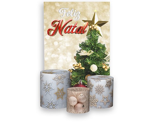 Painel De Festa Vertical 1,50 x 2,20 + Trio De Capas Cilindro - Natal Dourado Com Árvore 003